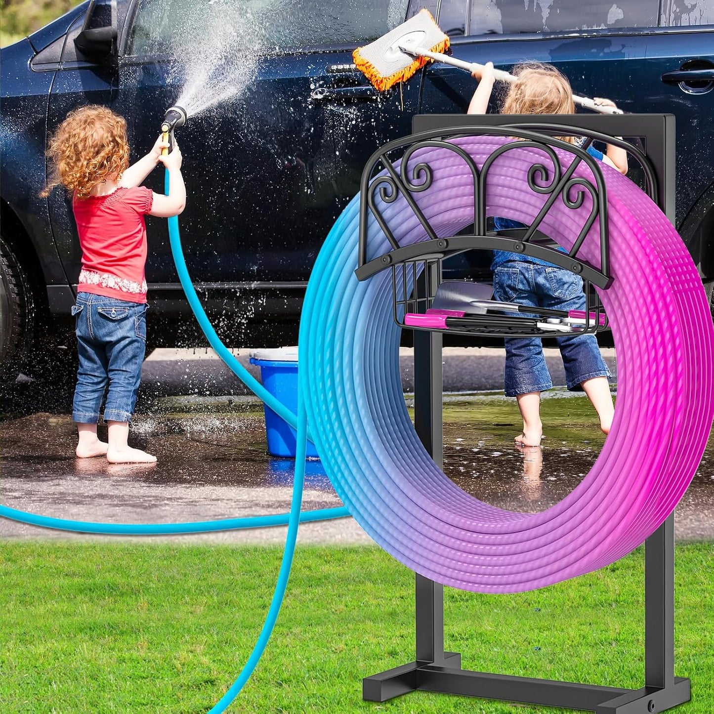 Garden Hose Holder, 4 Spikes Freestanding Water Hose Holder Reels, Heavy Duty Detachable Hose Stand with Storage Basket for Outside Yard Lawn (A-4 Spikes)