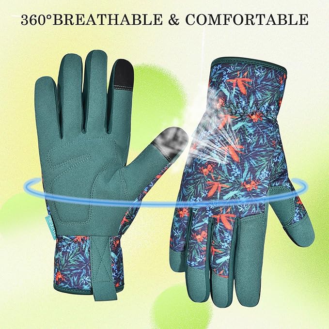 Gardening Gloves for Women and Men, Garden Gloves with Touch Screen, Thorn Proof Puncture Resistant Working Gloves, Gardening Gifts for Women,Blue-red-green flowers M