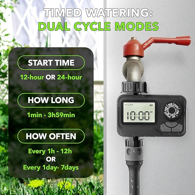 BN LINK Programmable Sprinkler Timer with Rain Delay – Waterproof Digital Water Timer for Garden Hoses, Manual & Automatic Irrigation System, 1 Outlet