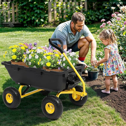 800lb Garden Dump Cart,Utility Wagon Wheelbarrows with Quick-Release System&4 Pneumatic Tires,Heavy Duty Yard Dump Wagon with Steel Frame for Yard,Farm,Garden and Halloween Hauling (Yellow)
