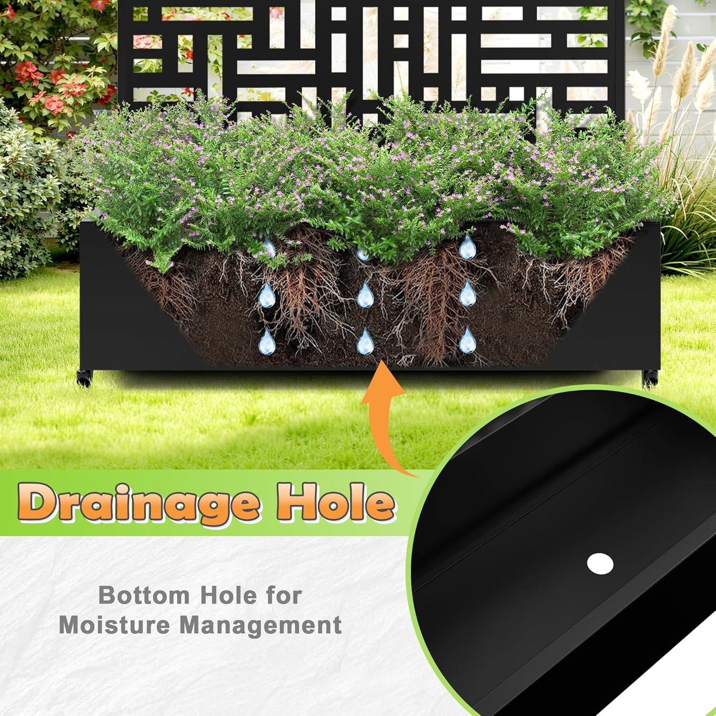 Metal Raised Garden Bed with Trellis, 2-in-1 Planter Box & Privacy Screen for Climbing Plants, Outdoor Standing Flower Bed with Drainage Holes, 47.2" L x 16.7" W x 70.8" H, Black-Helen