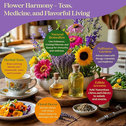 24 Gourmet Culinary Flower Seeds Variety Pack - 7,790+ Non-GMO Heirloom Flower Seeds for Planting Indoor & Outdoor Home Garden - Culinary Flowers Seed Packets for Planting Edible Flowers