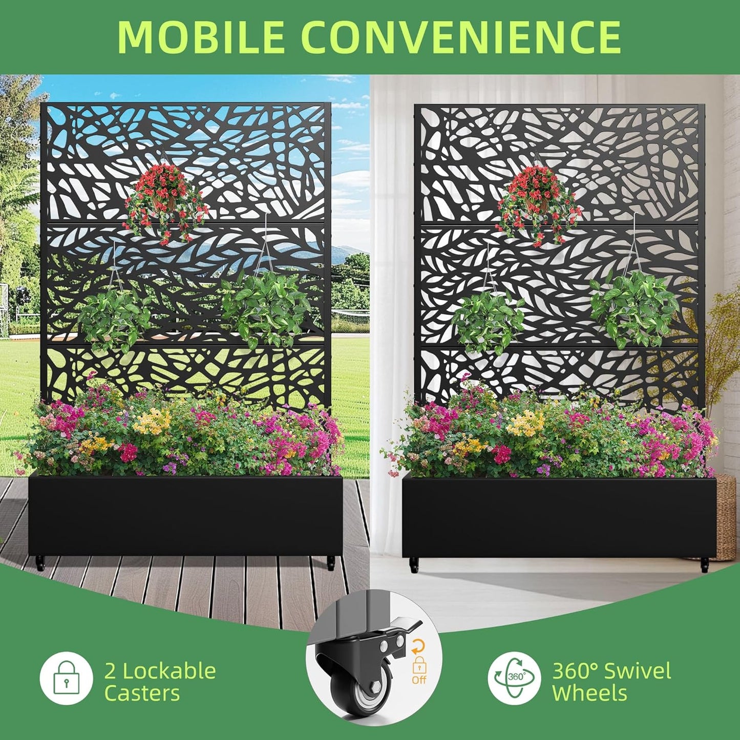 Casaphoria Metal Raised Garden Bed with Trellis and Wheels, 72"x 47"x 16" Planter Box for Climbing Plants, Vegetables & Vines, Features Drainage Holes and Privacy Screen,Black(Black-Spring&Net)