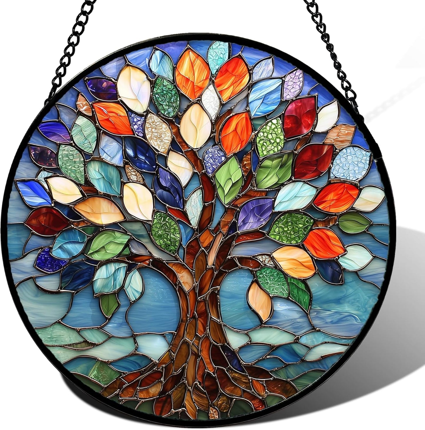 Stained Glass Window Hanging, Colorful Tree of Life Sun Catchers Glass Panel Blue Suncatcher Decor for Birthday for Women, Men, Wife, Aunt, and Mom 14.9x14.9 in