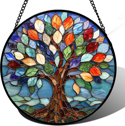 Stained Glass Window Hanging, Colorful Tree of Life Sun Catchers Glass Panel Blue Suncatcher Decor for Birthday for Women, Men, Wife, Aunt, and Mom 14.9x14.9 in