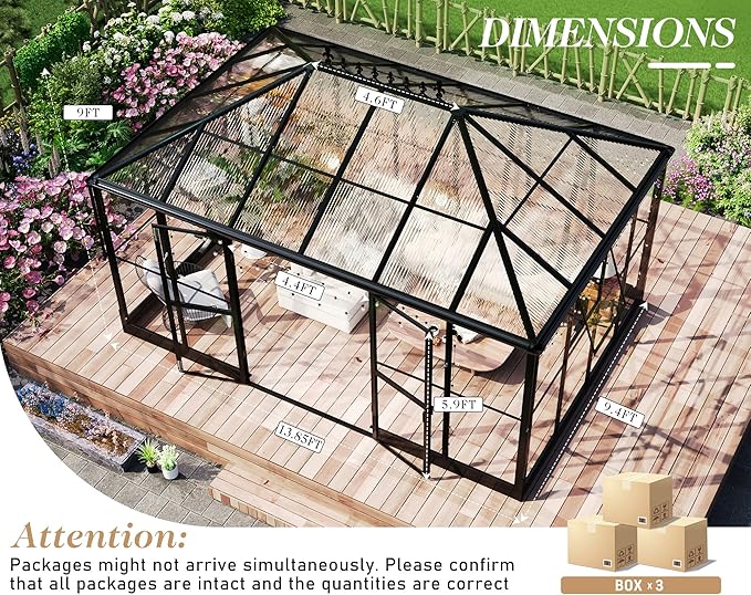 HOWE 14x9.5x9 FT Pavilion Styled Greenhouse with Clear Panels Double Swing Doors, 6 FT Wall Height Hybrid Polycarbonate Greenhouse, Green Houses for Outdoors, Sunroom Black