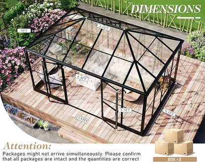 HOWE 14x9.5x9 FT Pavilion Styled Greenhouse with Clear Panels Double Swing Doors, 6 FT Wall Height Hybrid Polycarbonate Greenhouse, Green Houses for Outdoors, Sunroom Black