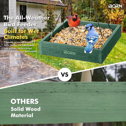 iBorn Platform Bird Feeder Tray Bird Feeders for Outdoors 10.6"x10.6" Platform Feeder with Large Capacity 3 LBS, Recycled Plastic & Cedar Look, Waterproof, Green