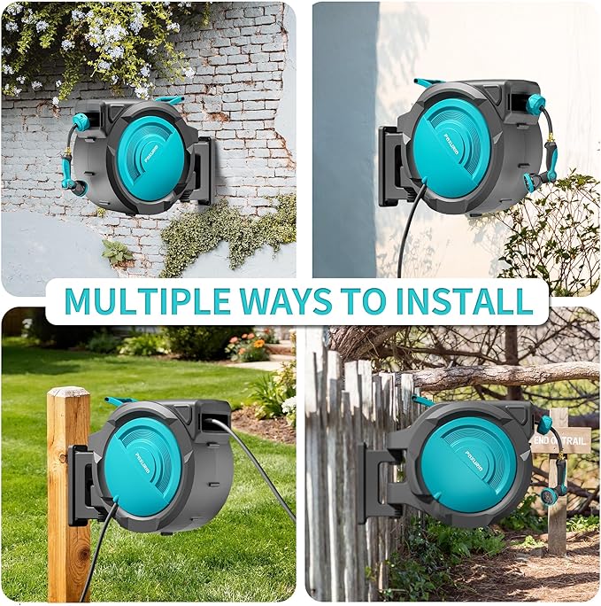 1/2" 110FT Retractable Garden Hose Reel, Wall Mounted Automatic Hose Reel with Upgraded 10 Pattern Nozzle/Any Length Lock/Slow Return System/180°Swivel Bracket, AquaBlue