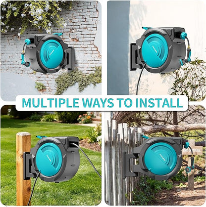 1/2" 110FT Retractable Garden Hose Reel, Wall Mounted Automatic Hose Reel with Upgraded 10 Pattern Nozzle/Any Length Lock/Slow Return System/180°Swivel Bracket, AquaBlue