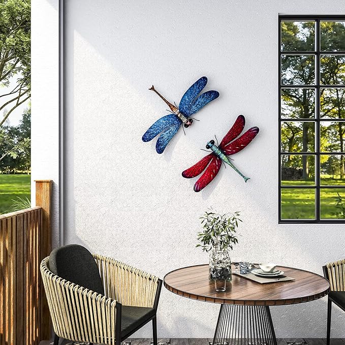 Metal Dragonfly Garden Art Decorations,-17.5 inches Outdoor Hanging Wall Decor Sculptures for Home Garden Yard (2 pack) dragon flies for garden