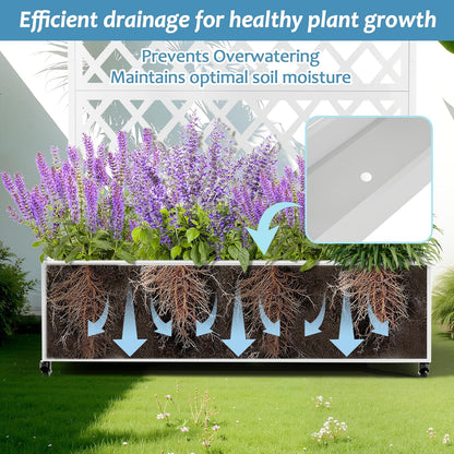 Metal Planter Box with Trellis & Wheels, Raised Garden Bed with Privacy Screen, Outdoor Standing Flower Beds with Drainage Hole for Climbing Plants, Vine, 47.2''L×15.7''W×70.9''H, White