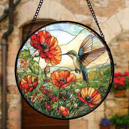 Stained Glass Window Hanging, Hummingbirds Orange Flowers Suncatcher Diamond Glass Panel Hangings Sun Catchers Decor for Birthday for Women, Men, Wife, Aunt, and Mom 11.8 in