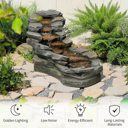 49" L Water Fountain Outdoor 5-Tiers Rock Natural Waterfall Fountains Floor Standing Water Features with LED Lights for Garden, Patio, Porch, Home Art Decor