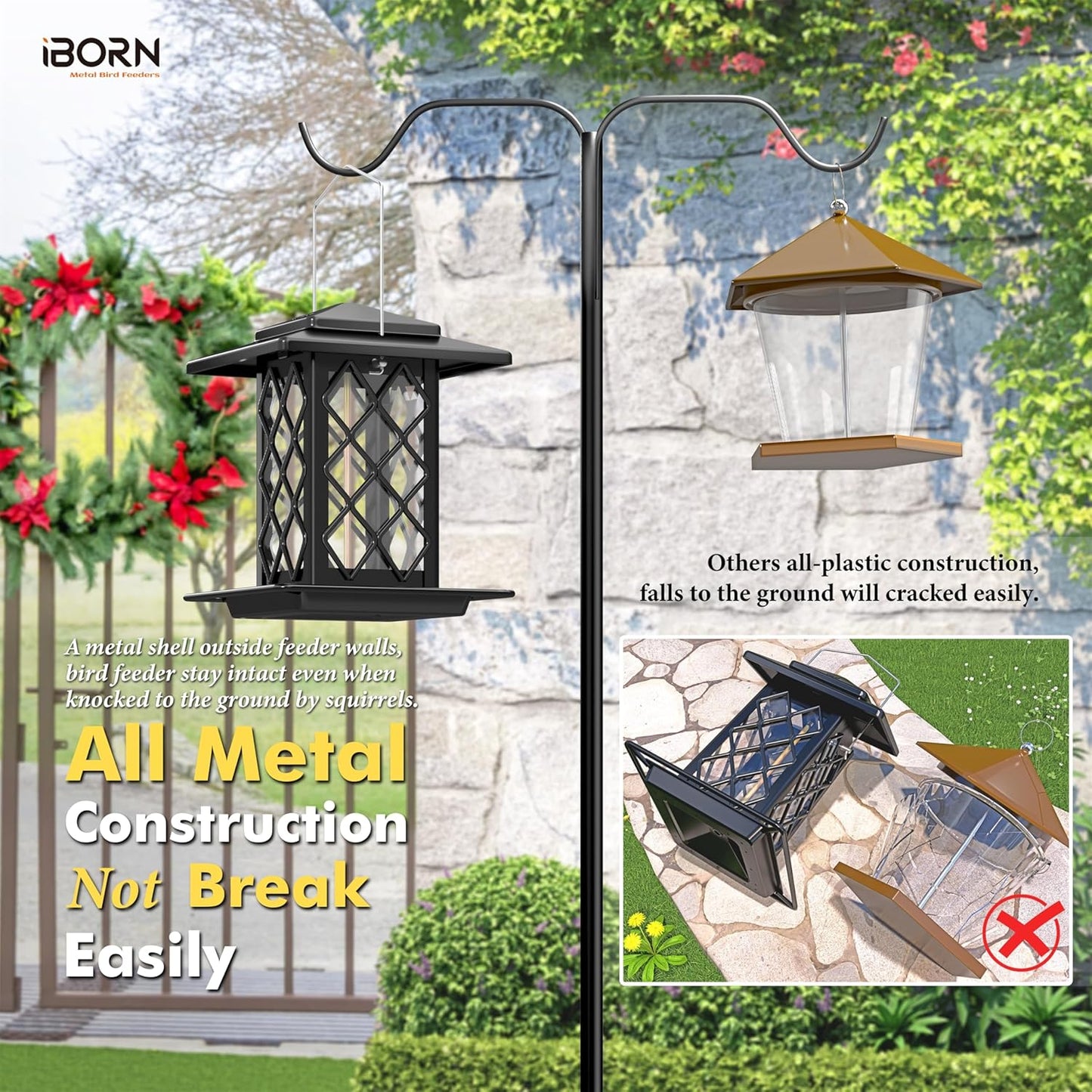 iBorn Bird Feeders for Outdoors, Metal Bird Feeder, Wild Bird Feeders for Cardinal, 2.4LBS Capacity,18cm Large Roof, Lantern Style, Black