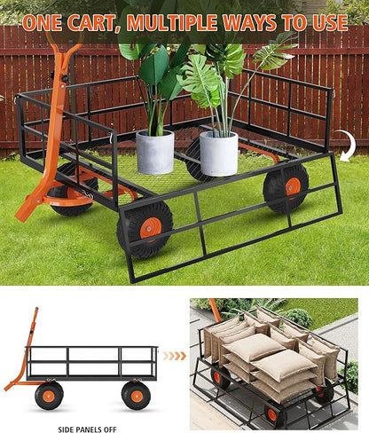 Versatile Garden Cart for Lawn and Yard with Heavy Duty Steel, 1200 Lbs Capacity Mesh Steel Garden Cart Folding Utility Wagon with Removable Side Panels, Long Handle, 10" Tires - Black and Orange