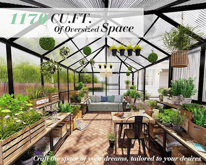 Jocisland 16x12x9.5 FT Polycarbonate Greenhouse- 6 FT Wall Height Outdoor Aluminum Greenhouses with 2 Ventilation and Rain Gutter, Double Doors with Hook, Walk-in Greenhouse for Backyard Garden