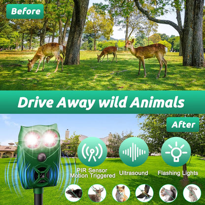 Solar-Powered Ultrasonic Animal Repellent with Motion Sensor, Waterproof Deer Repellent Device with Visual Indicator for Yard, Garden, and Plants, Effective to Repel Deer, Coyotes, Raccoons, and Cats
