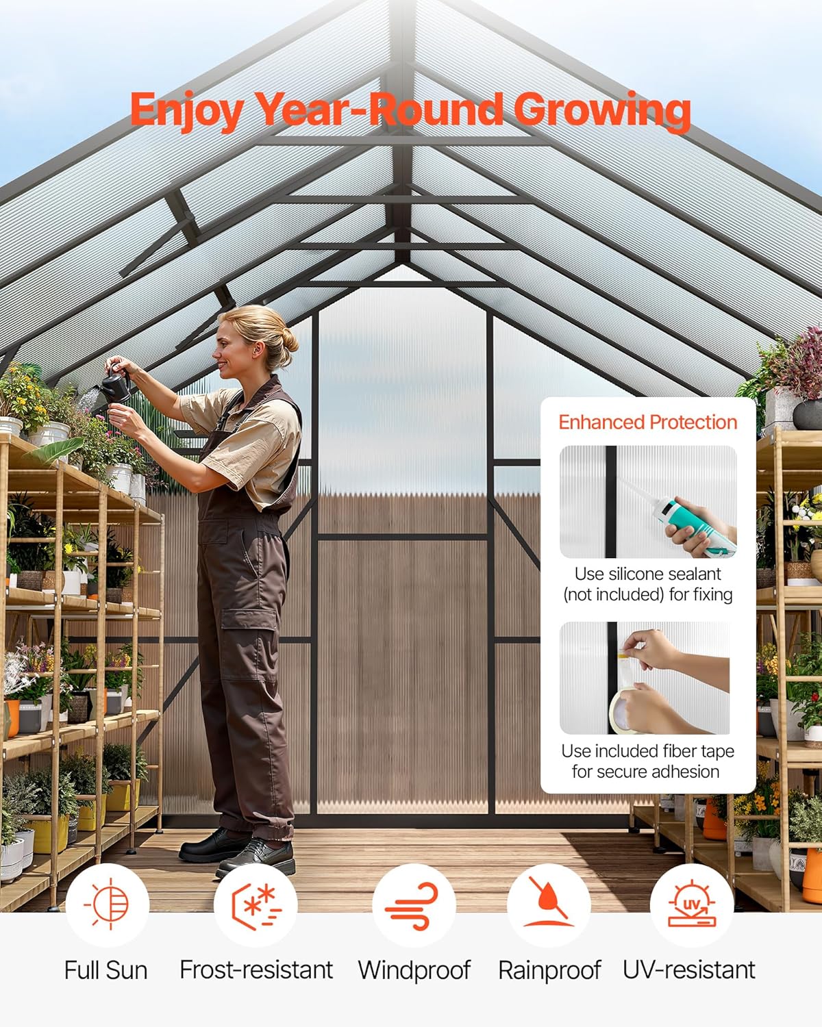 VEVOR 8 x 10 FT Polycarbonate Greenhouse, Heavy Duty Outdoor Green House with Adjustable Vents & Push-Pull Lockable Door, Quick Setup, Aluminum Frame Walk-in Greenhouse Sunroom for Outside Garden Lawn