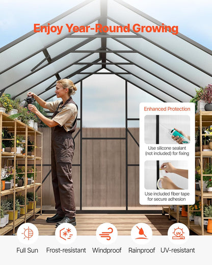 VEVOR 8 x 10 FT Polycarbonate Greenhouse, Heavy Duty Outdoor Green House with Adjustable Vents & Push-Pull Lockable Door, Quick Setup, Aluminum Frame Walk-in Greenhouse Sunroom for Outside Garden Lawn