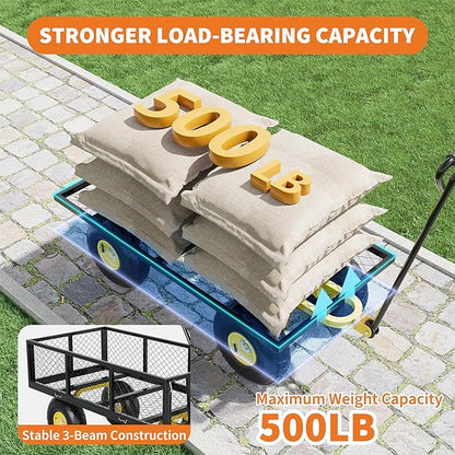 500 Lbs Garden Wagon, 2-in-1 Heavy-Duty Steel Garden Cart, with 10 Inch All-Terrain Tires and Removable Mesh Side Panels, 180° Rotating Handle, Metal Multi-Function Carts, Outdoor Gardens Wagon Cart