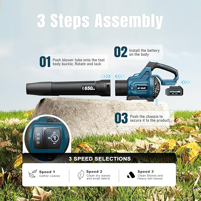 GEVEELIFE Leaf Blower Cordless, 650CFM & 3 Speed Levels, Electric Cordless Leaf Blower with 2 * 5.0Ah Battery Powered, Blowers for Lawn Care, Yard, Blowing Leaves, Dust, Snow