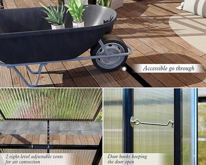 Howe 14x9.5x9 FT Polycarbonate Greenhouse with 2 Vents and Double Swing Doors 6FT Added Wall Height, Walk-in Large Sunroom Aluminum Greenhouse for Outdoors, Black