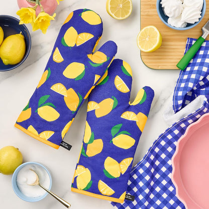 kate spade new york Lemon Party Oven Mitt 2-Pack Set, Heat Resistant, 100% Cotton, Navy Blue/Yellow, 7"x13"