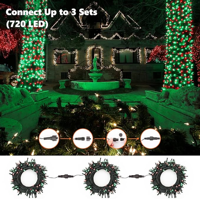 Brizled Red & Green Christmas Lights, 78.74ft 240 LED Outdoor Christmas Lights Connectable, 8 Modes Mini Xmas Light String Plug-in Mini Xmas Tree Light with Timer for Outside Garden Party Decor