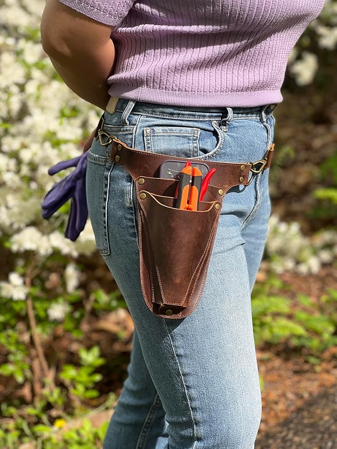 Garden Tool Belt, Handmade Premium Leather with Pouches Pockets Holster for Women & Men, Gardeners, Florists, Electrician, Carpenter, Farmer, Landscaper