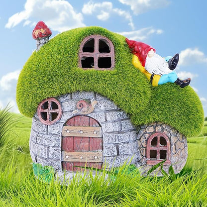 ILLUMINEW House Garden Statues with Solar Lights, LED Cute Flocked Fairy House with Gnomes Garden Figurine, Outdoor Patio Yard Lawn Decorations Gift