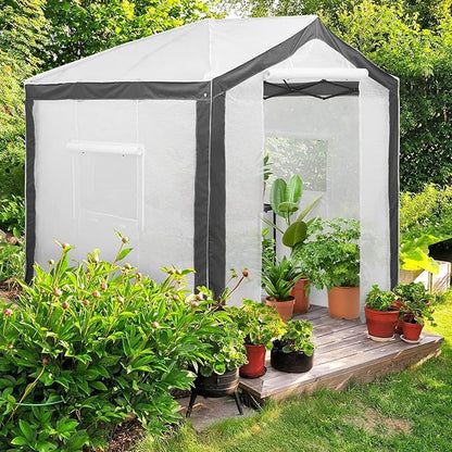EAGLE PEAK 8x8 Portable Walk in Greenhouse with Polyester Reinforced Corners, Heavy Duty Instant Pop Up Indoor Outdoor Green House, Front Roll Up Zipper Entry Door and Mesh Windows, Gray/White
