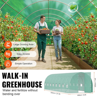 VEVOR Walk-in Tunnel Greenhouse, 27.4x9.5x7.4 ft Hoop House Greenhouse Tunnel, Plant Hot House with Galvanized Steel Frame, Green PE Cover, Swing Door and 16 Roll-up Windows for Outdoor