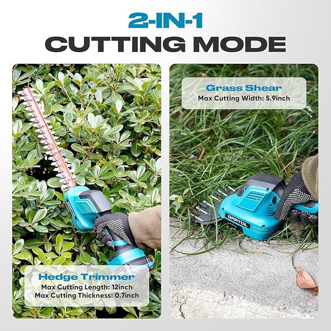 GARTOL Hedge Trimmer Cordless 2-in-1, 12'' Bush Trimmer & 20V Battery Powered Grass Shears with Battery & Charger, Lock, Fast Blade Change, Electric Hedge Shears Compatible with 18V Makita Batteries