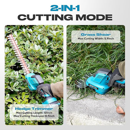 GARTOL Hedge Trimmer Cordless 2-in-1, 12'' Bush Trimmer & 20V Battery Powered Grass Shears with Battery & Charger, Lock, Fast Blade Change, Electric Hedge Shears Compatible with 18V Makita Batteries