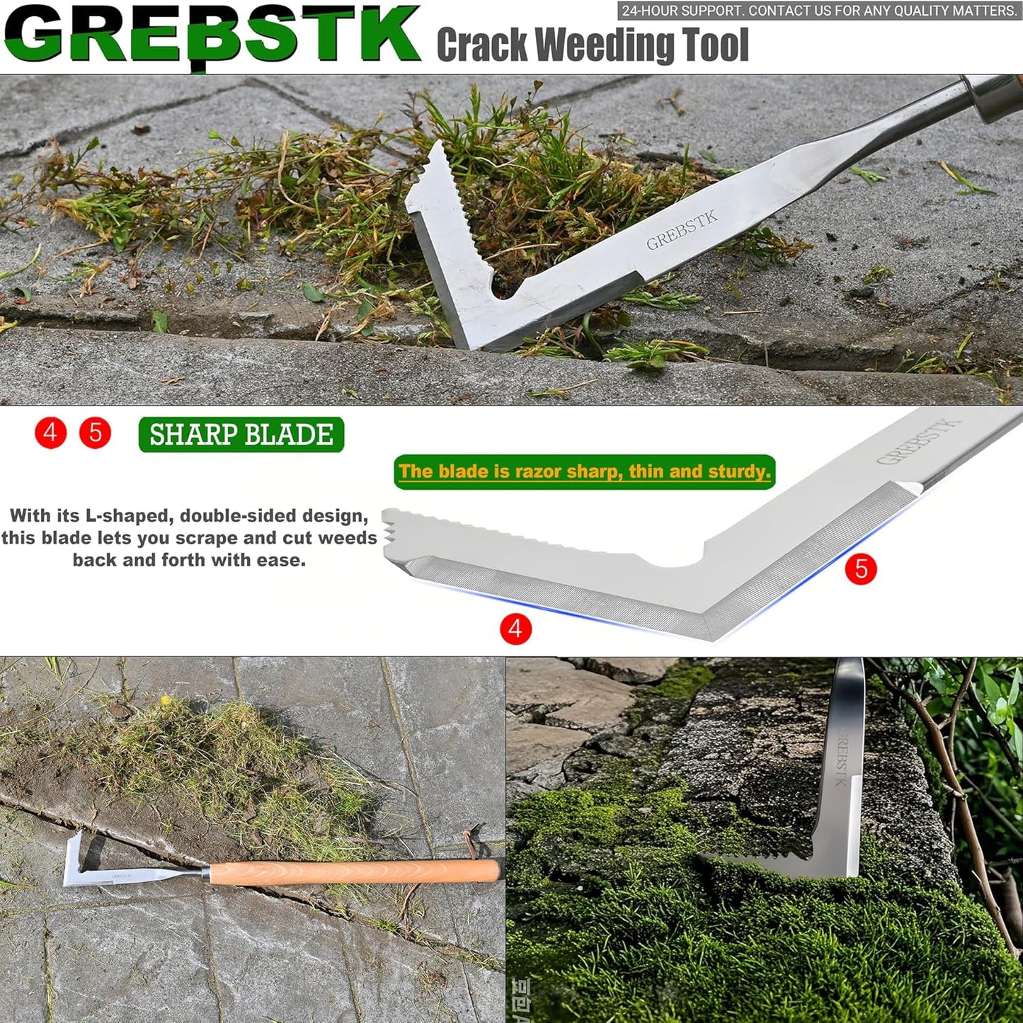 GREBSTK Crack Weeder Crevice Weeding Tool Stainless Steel Manual Weeder Beech Handle Gardening Tool, 22 inch