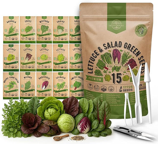 Organo Republic 15 Lettuce & Salad Greens Seeds Variety Pack 17700+ Non-GMO Heirloom Lettuce Seeds for Indoors & Outdoors Garden, Hydroponics, Aerogarden - Arugula, Kale, Spinach, Swiss Chard, Lettuce
