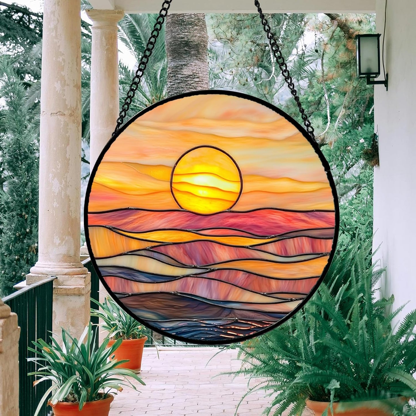 Stained Glass Window Hanging, Orange Sunrise Suncatcher Diamond Glass Panel Hangings Scenery Sun Catchers Decor for Birthday for Women, Men, Wife, Aunt, and Mom 14.9 in