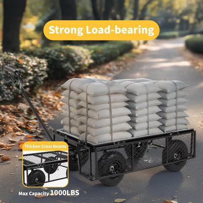 Finnhomy Heavy Duty 1000 Lbs Capacity Mesh Steel Garden Cart, Pullable Garden Wagons Carts on Wheels, Folding Utility Wagon with Removable Sides for Outdoor, Yard, Lawn, Black