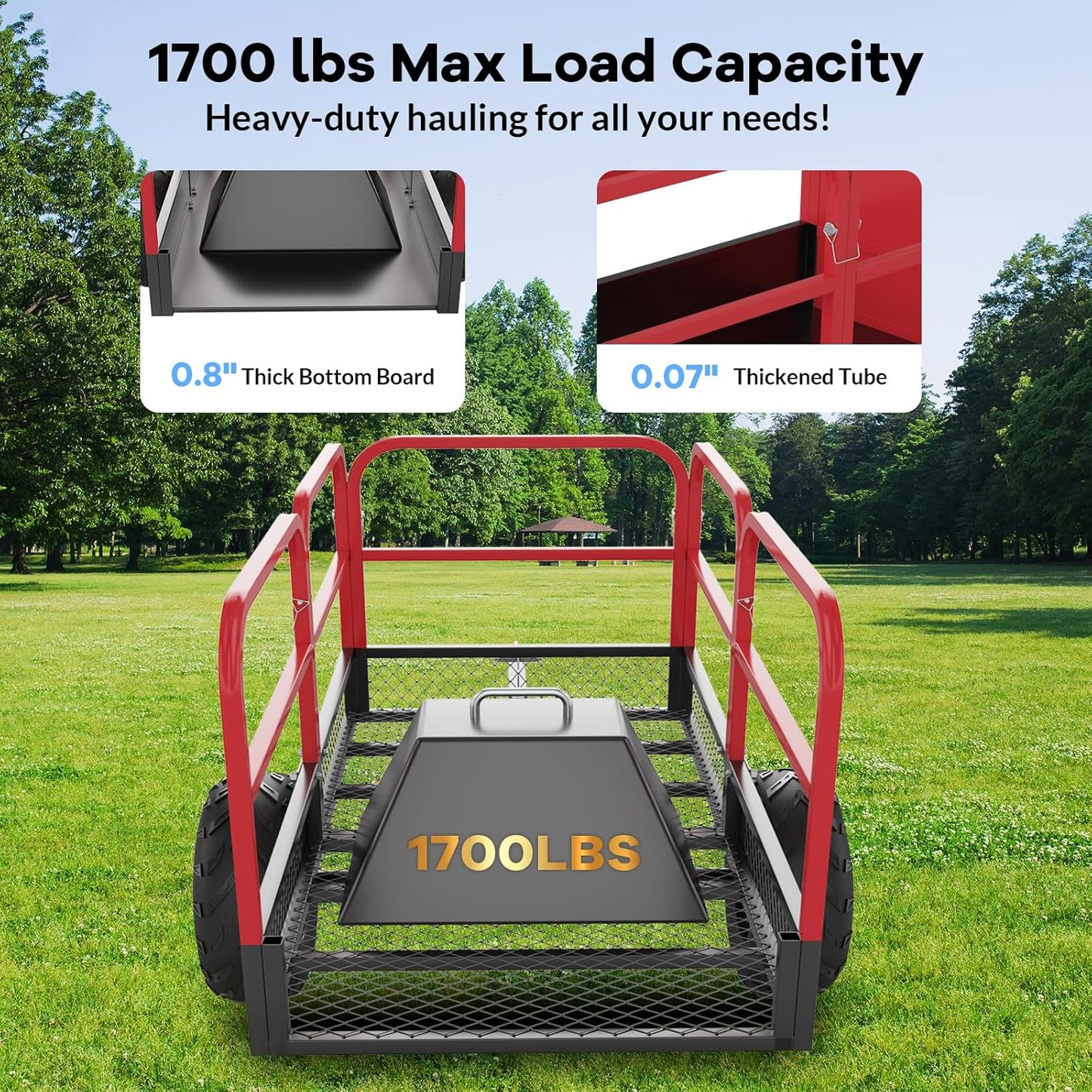 1700 LBS Steel ATV UTV Trailer Tow Behind Dump Cart, Heavy Duty Pull Behind Utility Dump Trailer for Lawn Mower Trailer Tractor Garden Yard with Removable Rear Panel