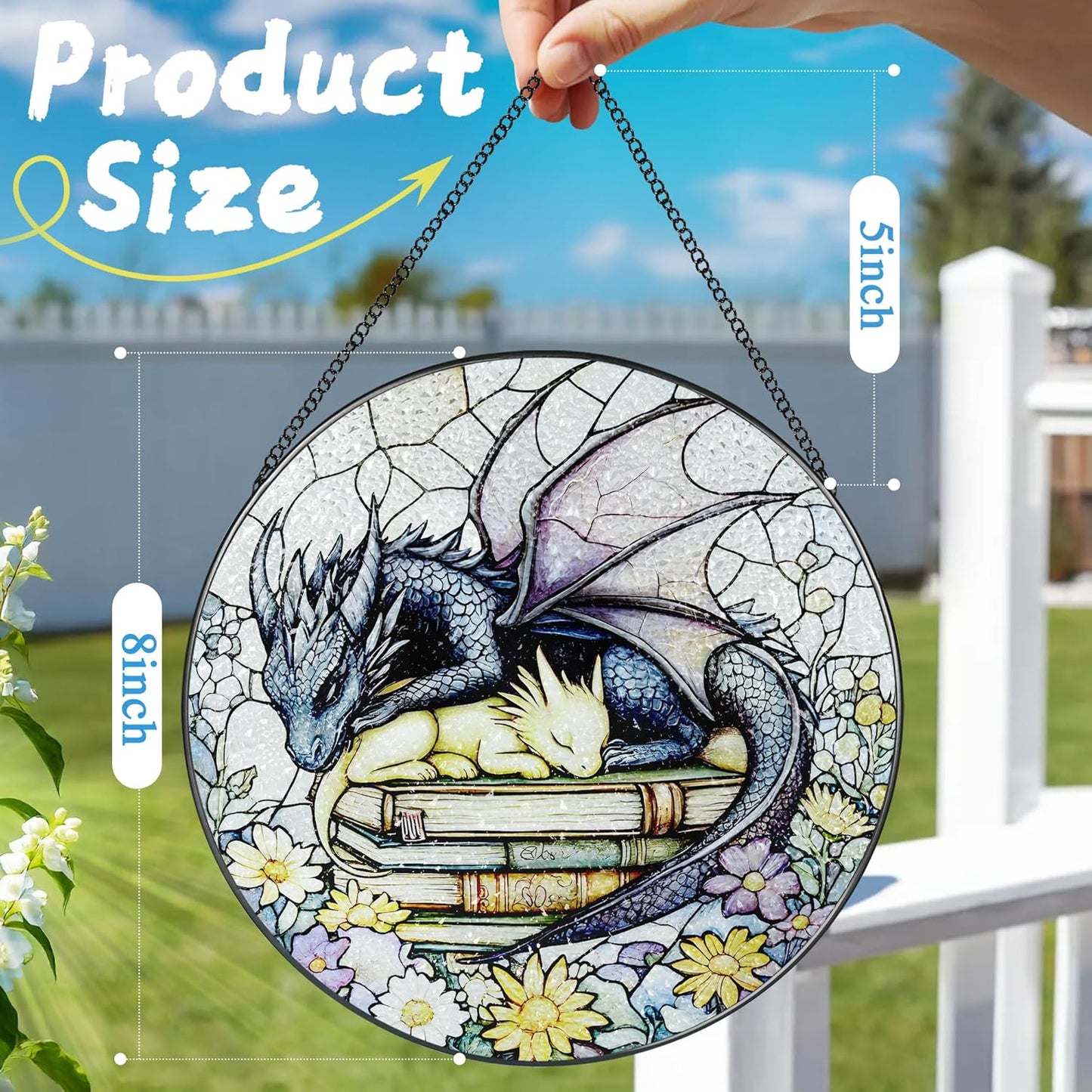 Stained Glass Window Hanging, 8 Inch Dragon Stained Glass Suncatcher, Dragon Decor, Home Decor for Windows, Book Lover Gift, Gifts for Book Lovers, Gifts for Bookworm on Birthday Christmas