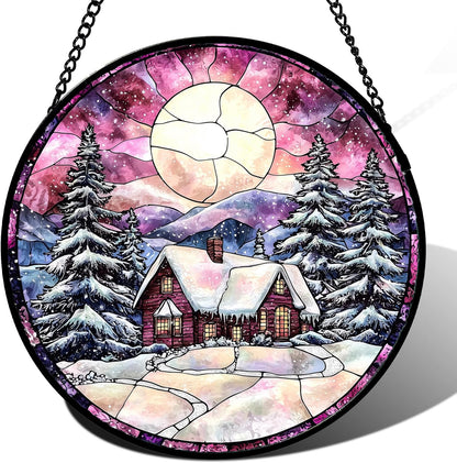 Stained Glass Window Hanging - Winter Snow Scene Cabin Moon Sun Catcher for Door Garden Home Decor Pine Tree Suncatcher Christmas Mother's Day Birthday Gifts for Women Men Mom Nana 6.3 in