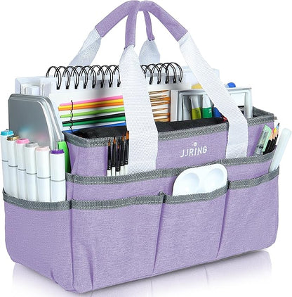 JJRING Craft Organizer Tote Bag, Art Storage Caddy with Multiple Pockets, Lilac Sewing Bag for Art, Craft, Scrapbooking, Medical, and Office Supplies Storage