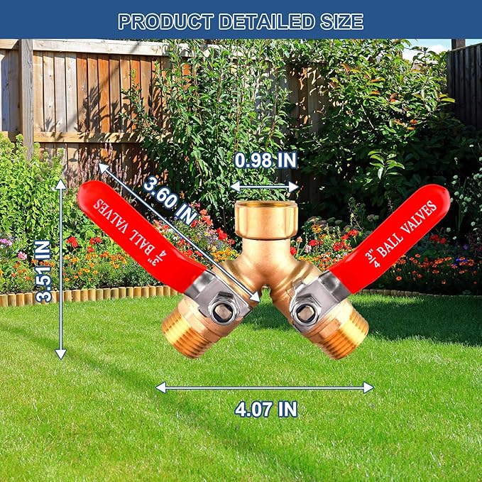 Heavy Duty Brass Garden Hose Splitter – 2 Way Y Valve with Leak-Proof Design & Stainless Steel Long Handle, 3/4" Hose Connector for Precise Flow Control