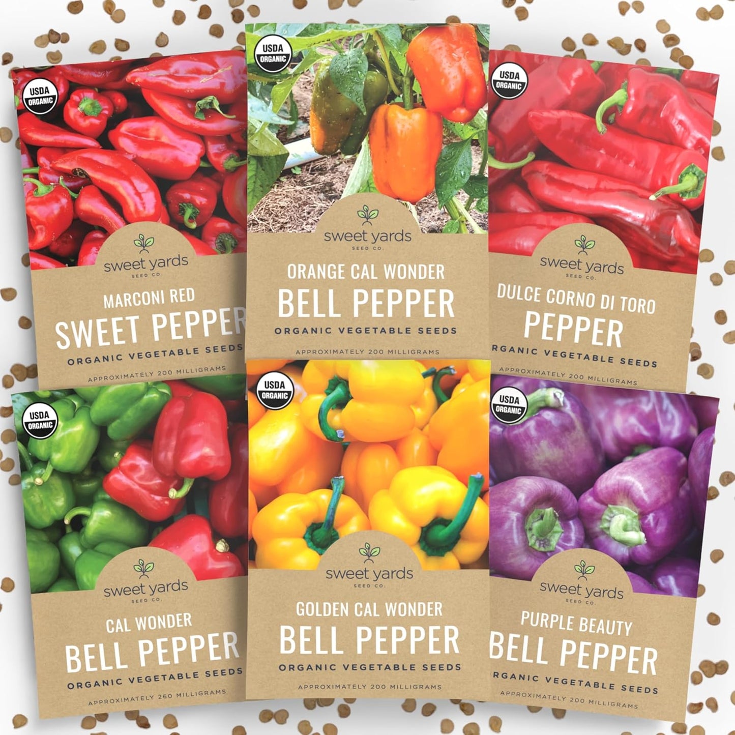 Organic Sweet Pepper Seeds Variety Pack - 6 Individual Packs - 2025 Season - Red, Orange, Yellow, Green and More! for Indoor & Outdoor Planting (Non-GMO, Certified Organic)
