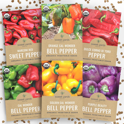 Organic Sweet Pepper Seeds Variety Pack - 6 Individual Packs - 2025 Season - Red, Orange, Yellow, Green and More! for Indoor & Outdoor Planting (Non-GMO, Certified Organic)