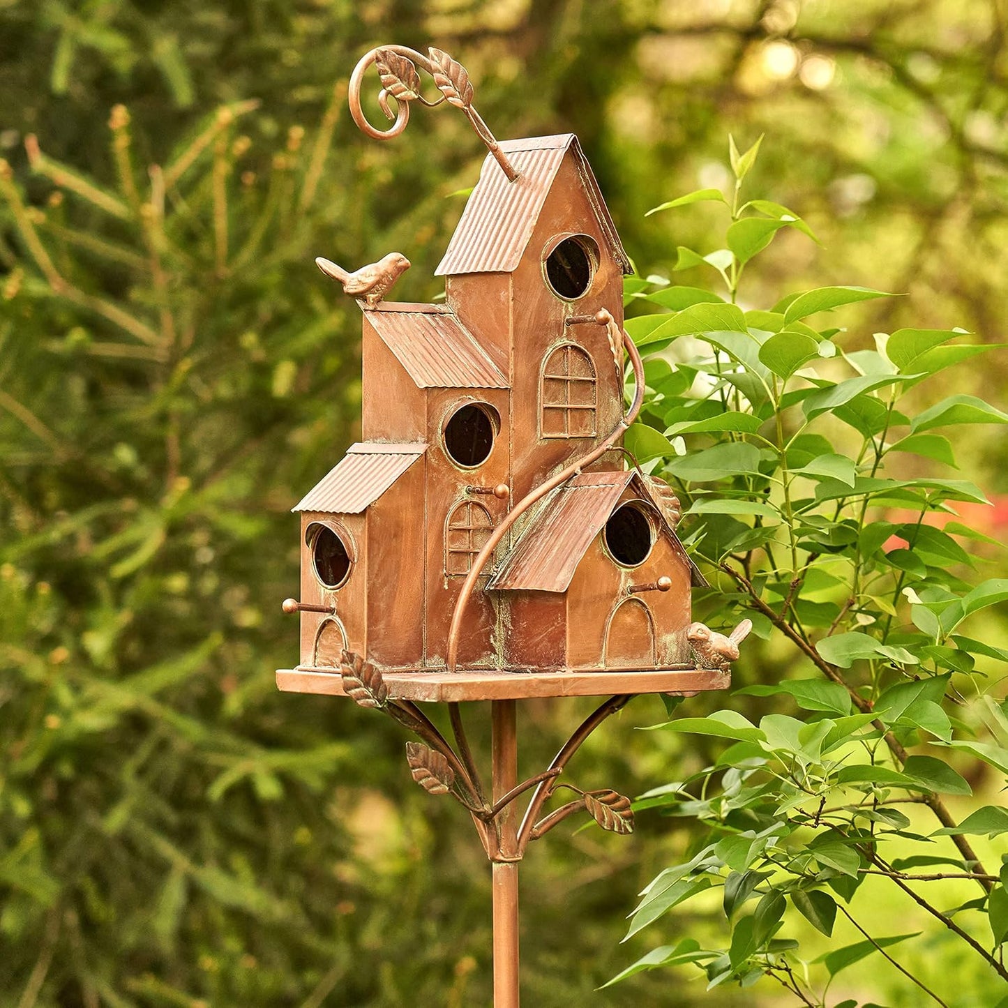 Large Copper Colored Multi-Birdhouse Stakes, Room for 4 Bird Families in Each (Castle Home)