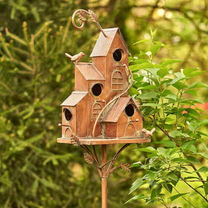 Large Copper Colored Multi-Birdhouse Stakes, Room for 4 Bird Families in Each (Castle Home)