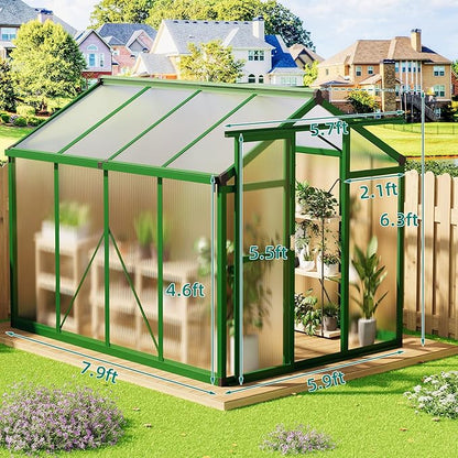 Garvee 6x10 ft Greenhouse - Aluminum Greenhouses for Outdoors, Large Polycarbonate Greenhouse with Roof Vent, Heavy Duty Walk-in Green Houses for Outside Garden, Backyard, Patio, Lawn, Easy Assembly