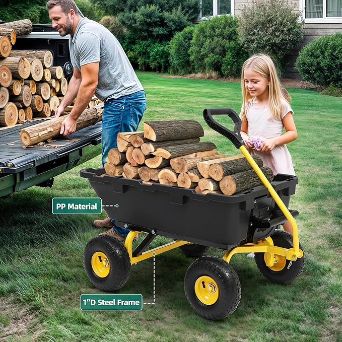 800lb Garden Dump Cart,Utility Wagon Wheelbarrows with Quick-Release System&4 Pneumatic Tires,Heavy Duty Yard Dump Wagon with Steel Frame for Yard,Farm,Garden and Halloween Hauling (Yellow)